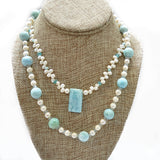 Pearl Necklace with Round Larimar Beads