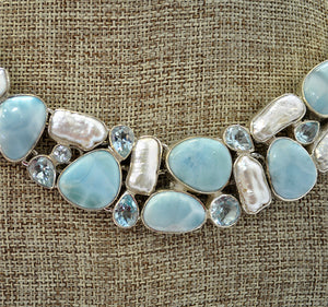 Pearl and Larimar Choker Necklace