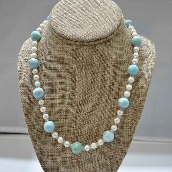 Pearl Necklace with Round Larimar Beads