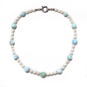 Pearl Necklace with Round Larimar Beads