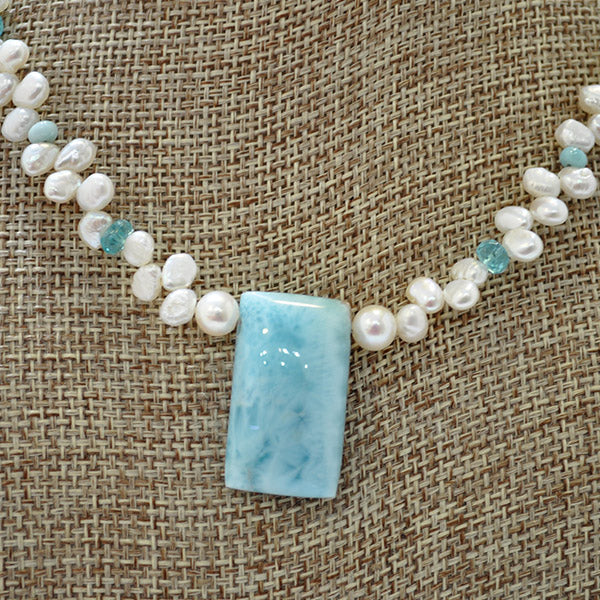 Seed Pearl and Square Larimar Necklace