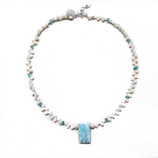 Seed Pearl and Square Larimar Necklace